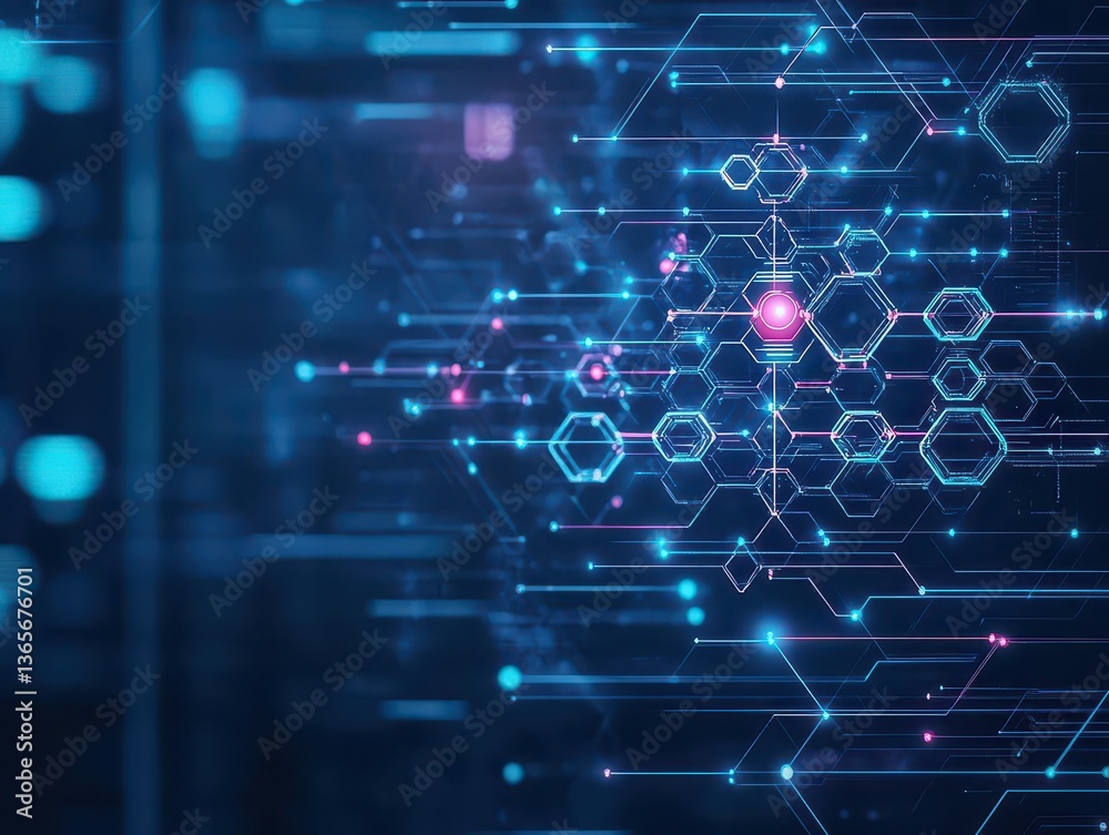 Poster futuristic background featuring vibrant hexagonal patterns and radiant glowing lights creating a dyn