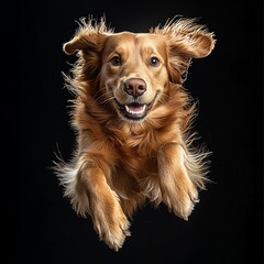 Golden retriever jumping against black background.