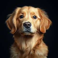 Golden retriever portrait with black background.