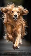 Golden retriever running with joy and energy.