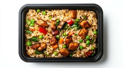 Top View, Tasty Asian Rice Dish with Chicken and Mixed Vegetables in a Takeout Container