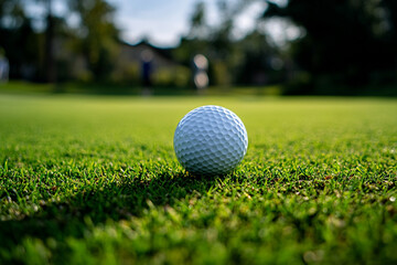 Obraz premium A golf ball sitting on lush green grass near the hole in a blurred background on a sunny day outdoors