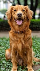 Golden retriever sitting with happy expression.