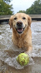 Golden retriever splashing with ball in water
