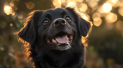 Happy black dog in golden sunset light