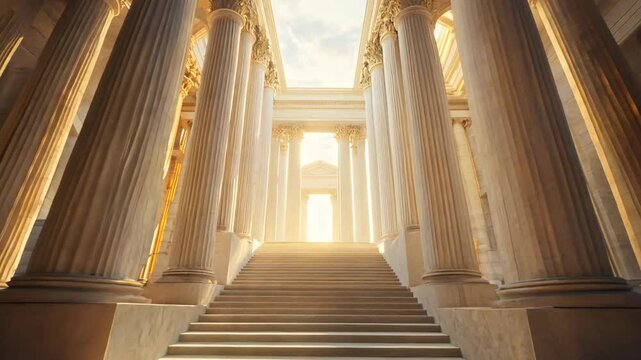 A breathtaking classical temple bathed in warm sunlight, featuring towering Corinthian columns and an elegant marble staircase leading to an open sky. The intricate architectural details and golden 