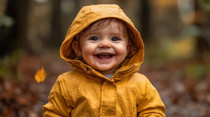 Happy child in yellow raincoat outdoors.