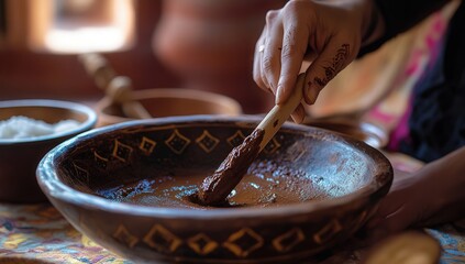 Hand with henna stirring traditional dish in ornate bowl.