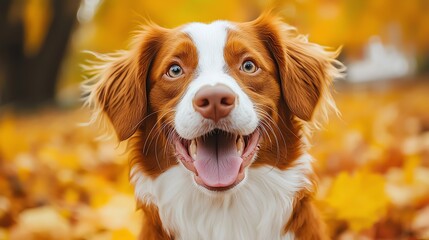 Happy dog in autumn leaves smiling brightly.