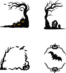 Spooky Halloween Silhouette Set with Trees, Pumpkins, Bats, and Graveyard.
