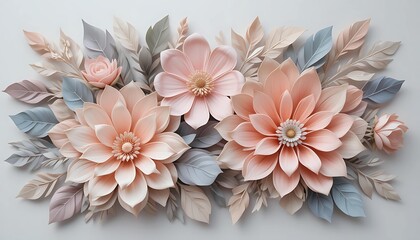 A beautiful floral arrangement in soft pastel hues, featuring soft peach, cream and lavender blossoms.