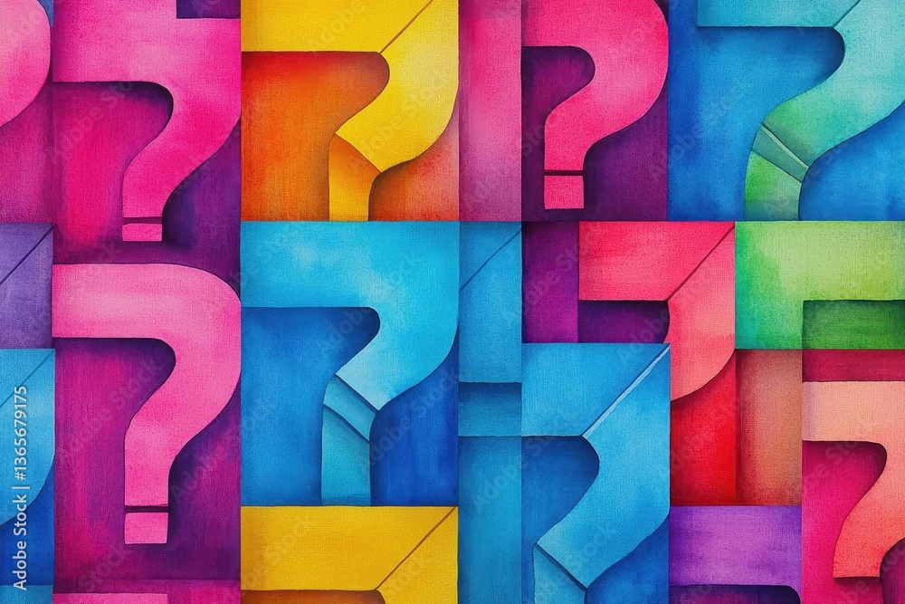 Poster vibrant and playful colorful pattern featuring whimsical question marks creating an engaging and int