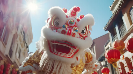 Close-up view of a vibrant lion dance costume during a Chinese New Year celebration. The lion's face is detailed, and red lanterns are visible in the background, creating a festive atmosphere.