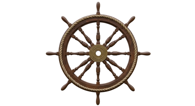 Nautical Ship Wheel with Wooden Spokes and Rope Detailed Maritime Symbol of Sailing and Navigation in an Isolated Background for Nautical Themes