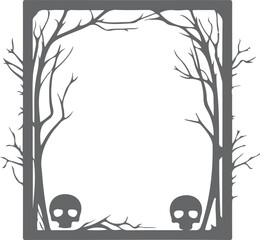 Spooky Halloween Frame with Bare Trees and Skulls.