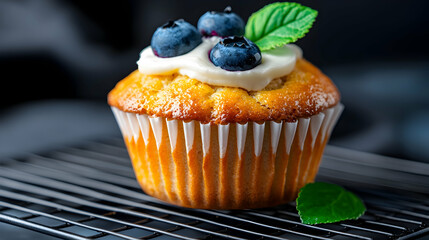 Close-Up of a Blueberry Muffin with Cream Cheese Frosting on a Wire Rack