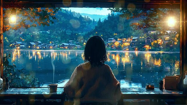 Woman enjoying peaceful evening view of illuminated lakeside village. Seamless looping 4K video background

