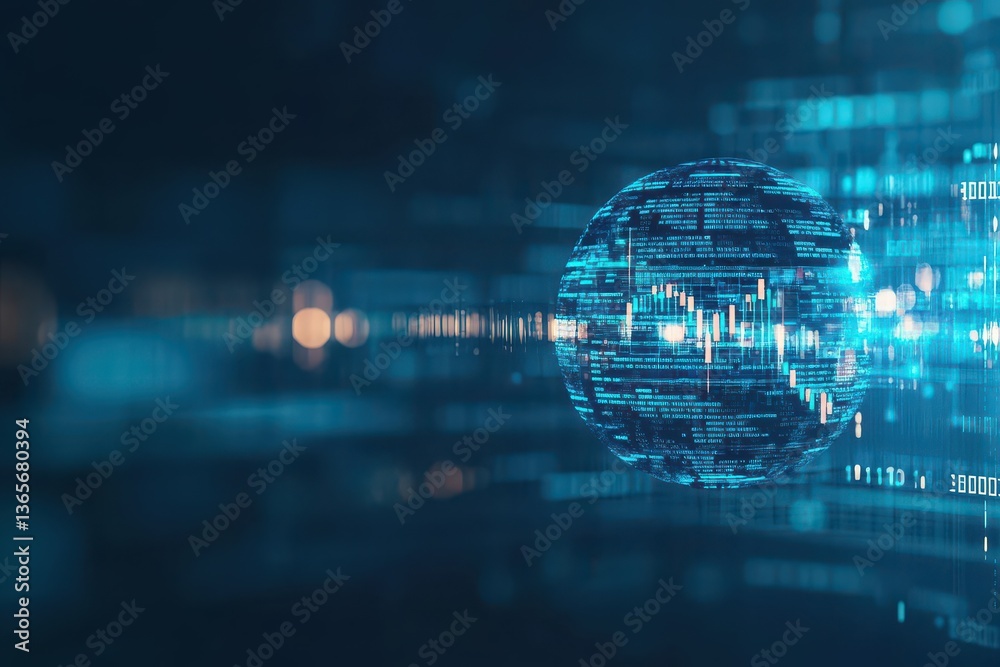 Poster futuristic sphere enveloped in glowing binary code representing digital technology and innovation ag