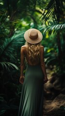 Fototapeta premium Exploring the lush jungle path while dressed for an adventurous journey among the vibrant greenery and tropical foliage