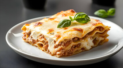 Close-Up of a Delicious Beef Lasagna on a White Plate