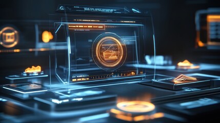glowing digital interface with futuristic display showcasing orange and blue graphs. concept of technology and innovation. tech presentations or digital marketing.