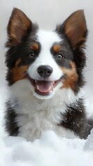 Happy dog playing joyfully in the snow.