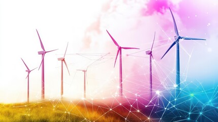 Vibrant Wind Turbines Spinning Gracefully in an Expansive Green Field Against a Colorful Sky Creating a Harmonious Blend of Technology and Nature