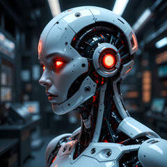 Fototapeta premium Female Robot AI, Futuristic Cyborg, Close up of a female android with glowing red eyes.