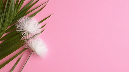 Tropical leaves & fluffy flowers on pink