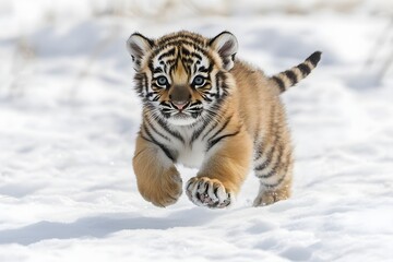 Obraz premium A cute little tiger cub running in the snow