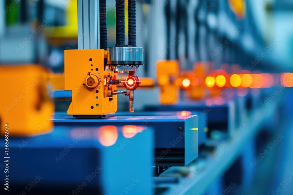 Poster industrial machine operating in factory setting with modern equipment and workers engaged in product