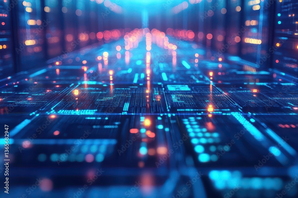 Poster intricate computer circuit board illuminated by vibrant lights creating a futuristic and technologic