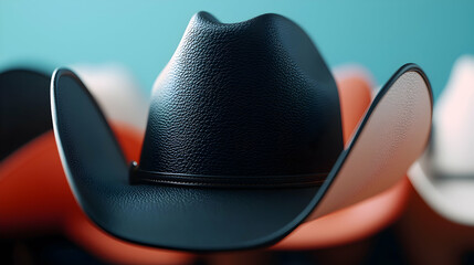 Close Up of Black Cowboy Hat with White and Red Hats in Background