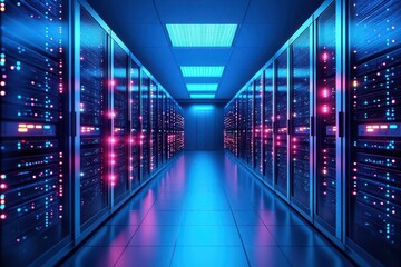 Obraz premium Expansive Data Center Hallway Featuring Rows of Servers with Soft Ambient Lighting Creating a High-Tech Atmosphere of Innovation and Modernity
