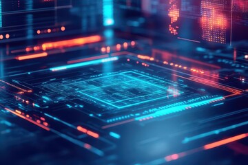 Intricate Computer Chip Design Against a Vivid Blue and Red Background Highlighting Modern Technology and Innovation in Digital Electronics Environment