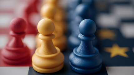 Close Up of Chess Pawns on a Chessboard Representing USA and European Union