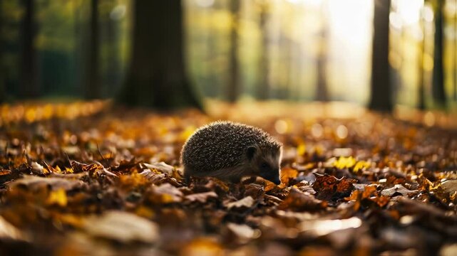 A curious hedgehog wanders through a carpet of colorful autumn leaves under soft sunlight in a peaceful forest. The serene atmosphere captures the beauty of nature