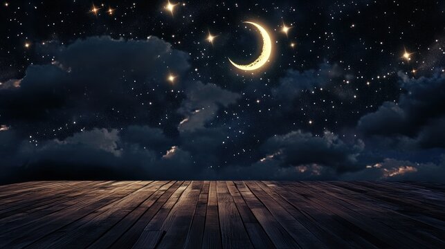 Starry night sky over wooden floor. Possible use Background for product display