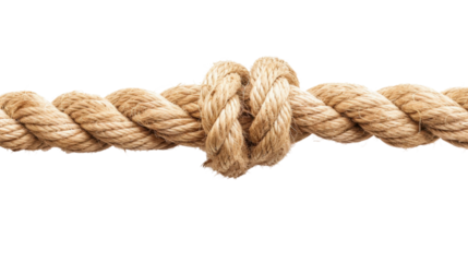 Strong knot connecting two sides of thick rope on transparent background