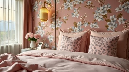 Elegant floral bedroom with pink bedding and floral wallpaper decor