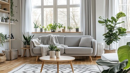 Fototapeta premium A cozy living room featuring soft gray furniture