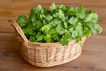 Fresh Cilantro in Wicker Basket Wooden Background