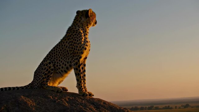 A cheetah sits majestically on a rocky outcrop, overlooking the endless expanse of the African savannah as the sun sets, casting warm hues across the horizon