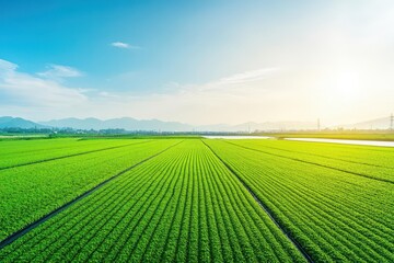 Vibrant Green Field Under Bright Blue Sky with Gentle Water Flowing Through the Landscape Evoking Calmness and Natural Beauty in Rural Setting