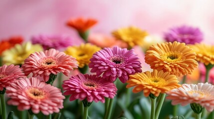 Colorful gerbera daisies in various shades of pink, orange, and yellow