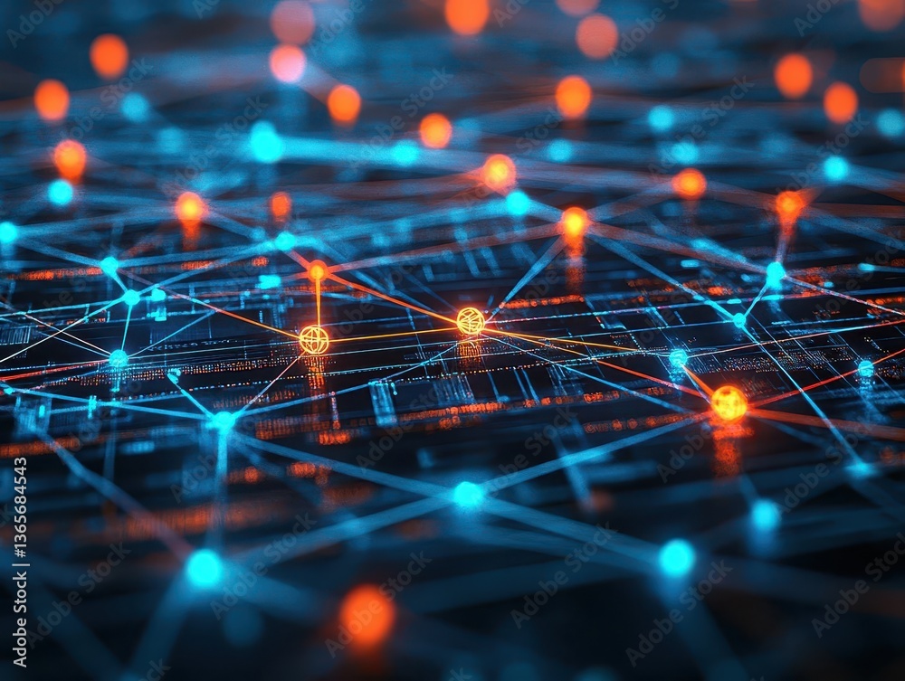Poster intricate network of interconnected lines and dots representing modern technology and communication 
