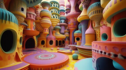 Fototapeta premium A psychedelic explosion of 3D fractal shapes, twisting and morphing into impossible, vibrant architectures