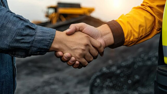 Business professionals engage in handshake at coal mining site during sunset in a moment of partnership and cooperation