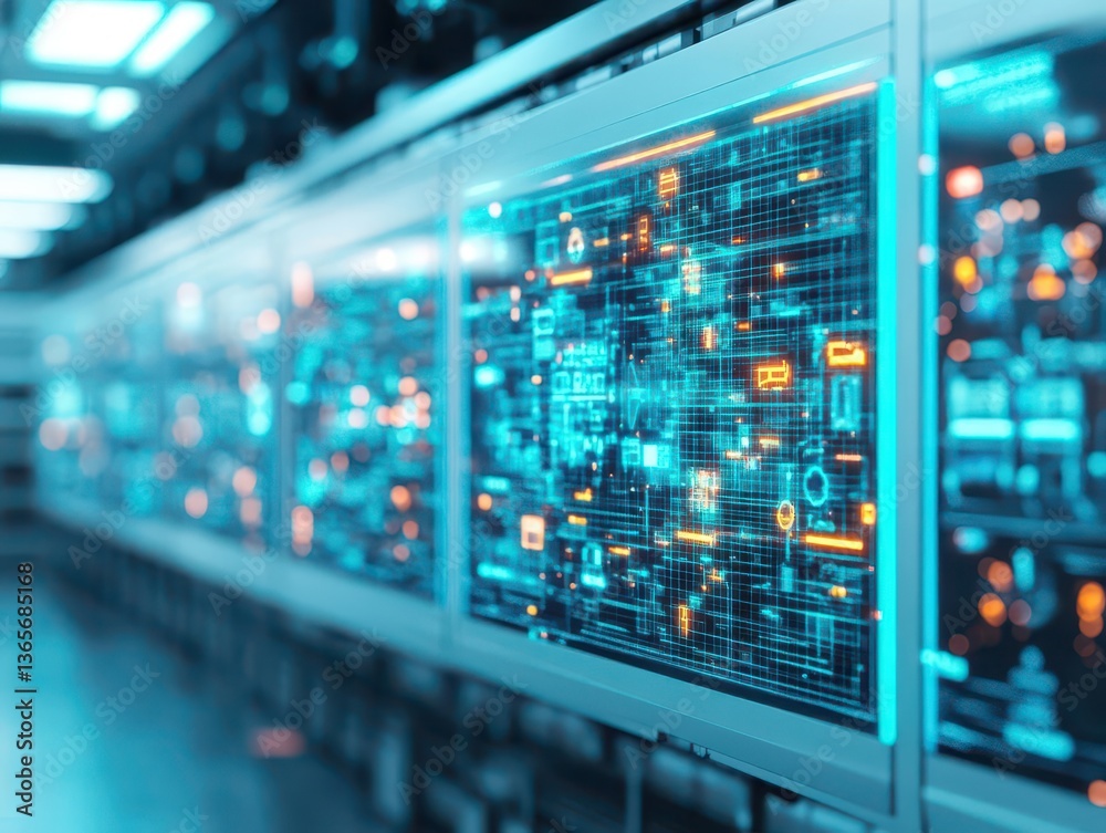 Poster illuminated server room featuring rows of advanced computing equipment with dynamic blue and orange 