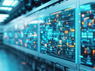 Obraz premium Illuminated Server Room Featuring Rows of Advanced Computing Equipment with Dynamic Blue and Orange Lights Creating a High Tech and Futuristic Atmosphere